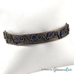 Vintage Blue Enamel Scrolls Swirls Brass Tone Hinged Bangle Bracelet